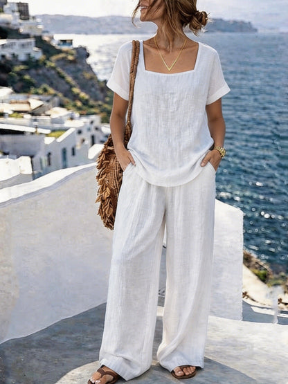 Women's Square-Neck Short-Sleeve Pantsuit – Cotton Blend Two-Piece Set FitiqueFit