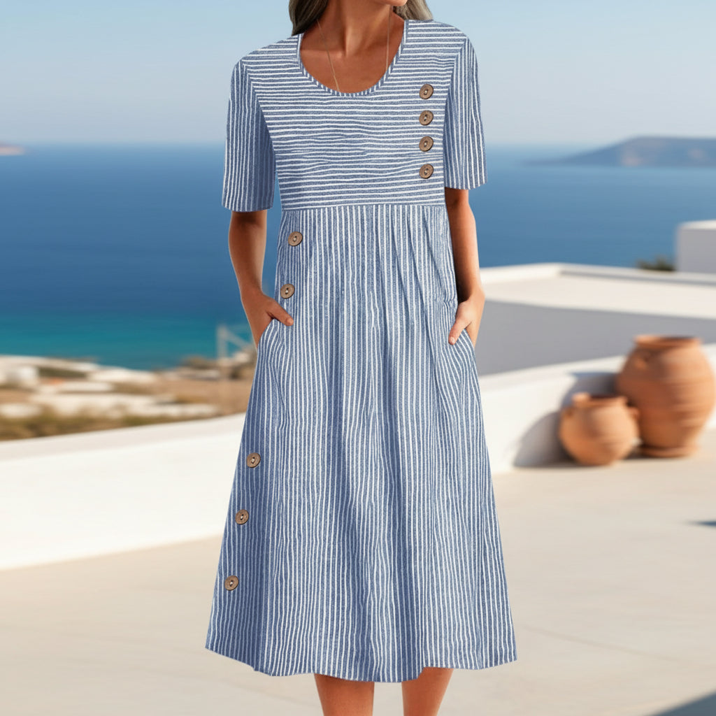 Button-Down Swing Maxi Dress – Short Sleeve Pocket Pullover Long Dress FitiqueFit
