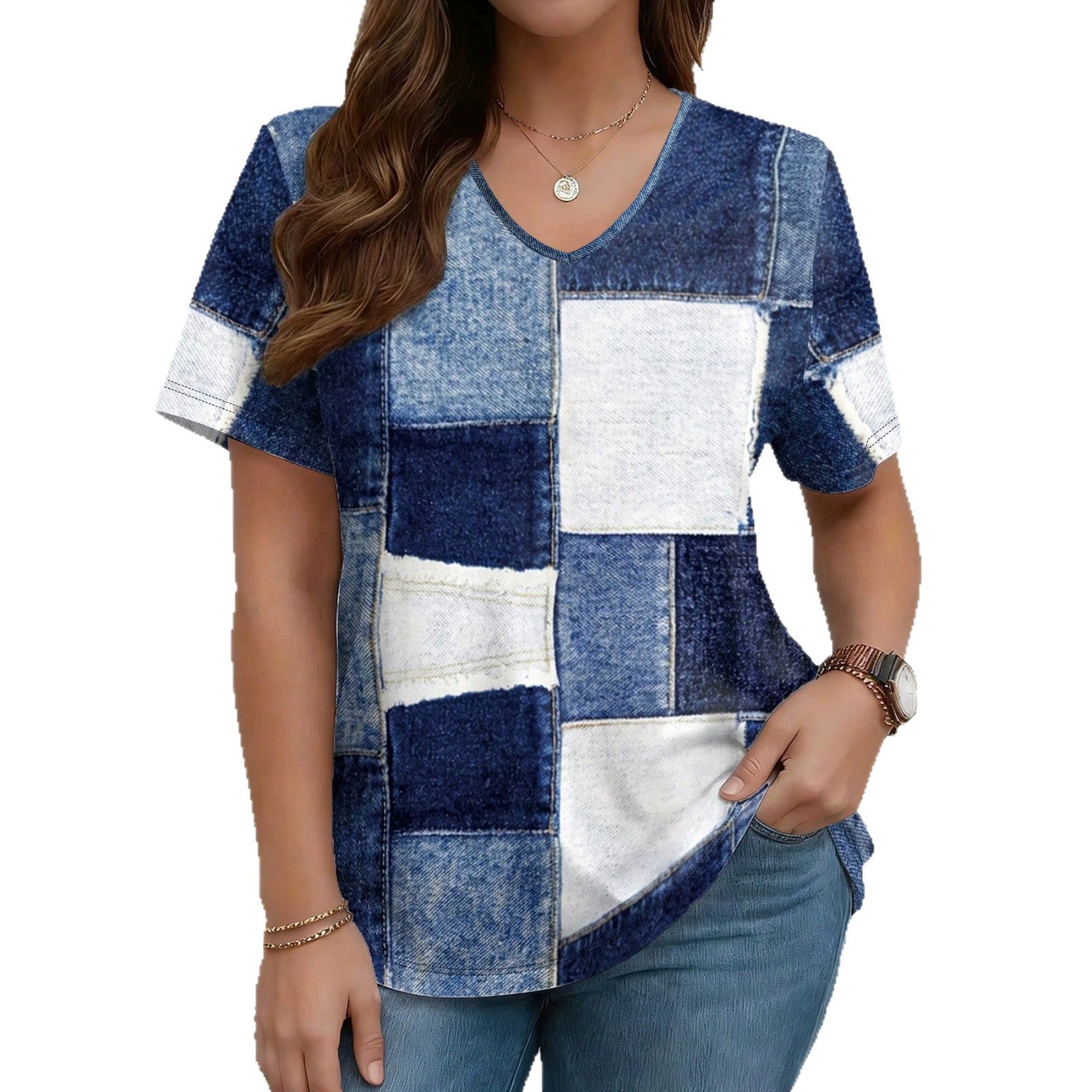 V-Neck Denim Print Short Sleeve T-Shirt | Loose Casual Tee FitiqueFit