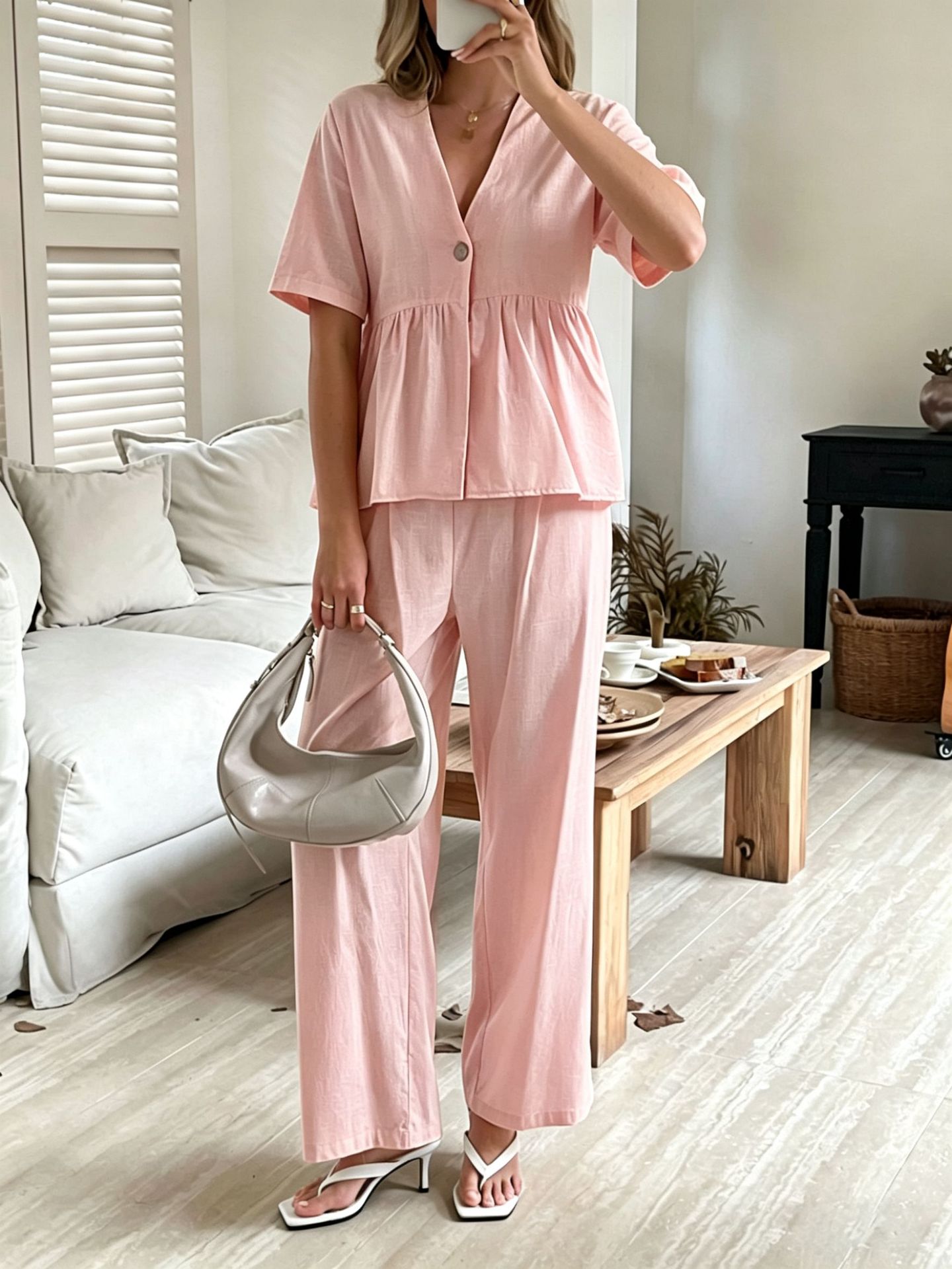 Women's V-Neck Loose Short-Sleeve Top & Wide-Leg Pants Set FitiqueFit