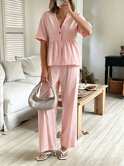 Women's V-Neck Loose Short-Sleeve Top & Wide-Leg Pants Set FitiqueFit