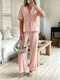 Women's V-Neck Loose Short-Sleeve Top & Wide-Leg Pants Set FitiqueFit