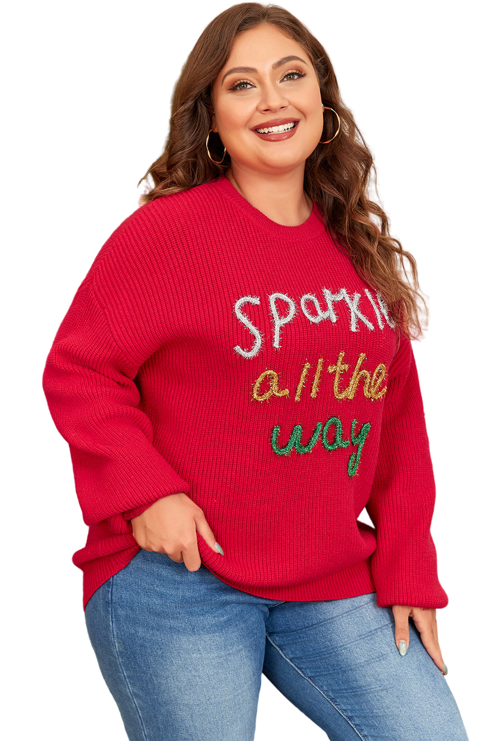Racing Red Sparkle All The Way Tinsel Crew Neck Plus Size Sweater Garden Naked Curves