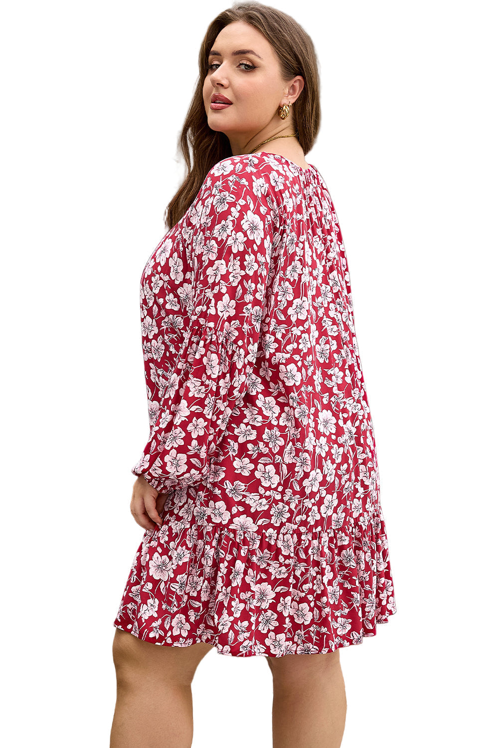 Purple Plus Floral Balloon Sleeve V Neck Relaxed Dress Garden Naked Curves
