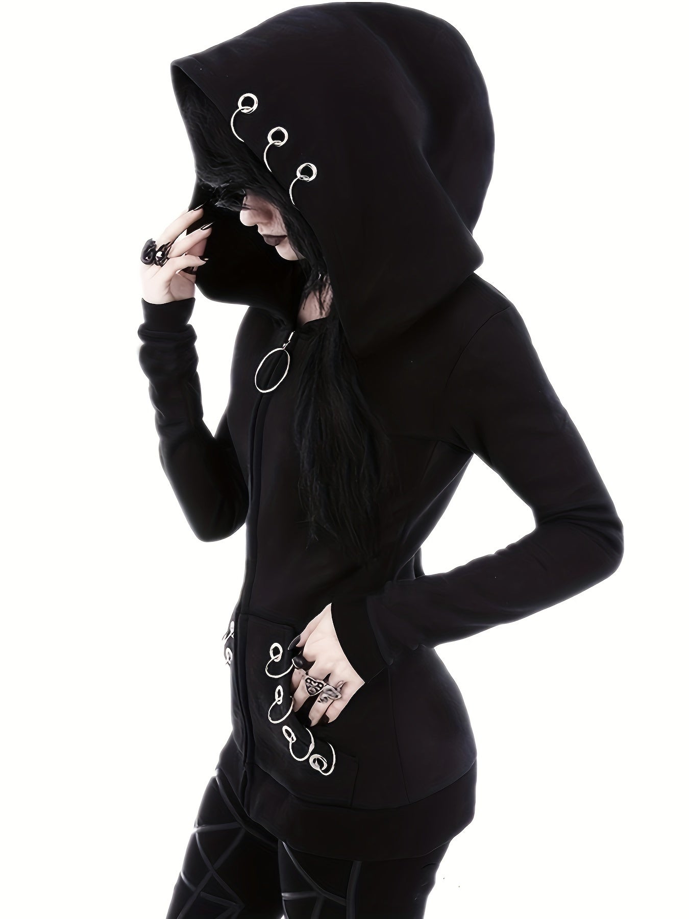 Solid Color Hooded Sweater with Ring Accent - Casual Round Neck Pullover, Medium Elasticity All-Season Sweaters for Layering, Machine Washable Sweaters for or Weekend Outfits (Compatible with Dresses) NovaCart