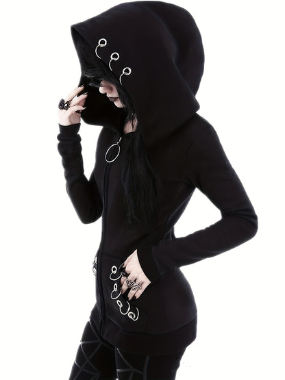 Solid Color Hooded Sweater with Ring Accent - Casual Round Neck Pullover, Medium Elasticity All-Season Sweaters for Layering, Machine Washable Sweaters for or Weekend Outfits (Compatible with Dresses) NovaCart