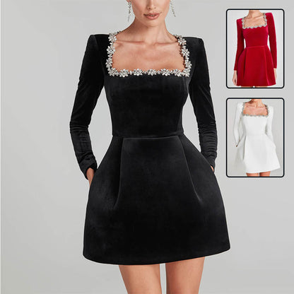 Elegant Square Neck Long-Sleeved Dress With Flowers Rhinestone Design FitiqueFit