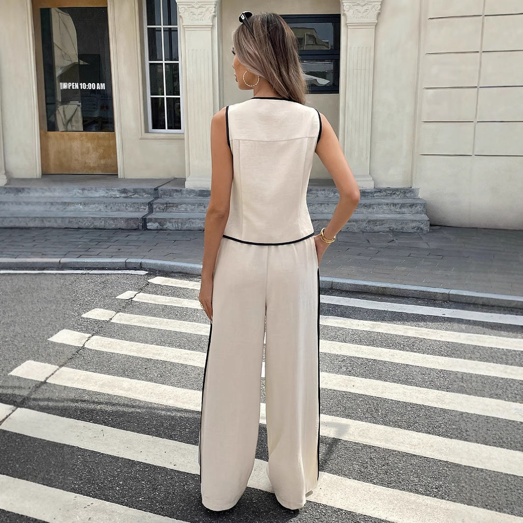 Women's Contrast Color Sleeveless Vest & Drawstring Trousers Suit – 6 Colors S–XXL FitiqueFit