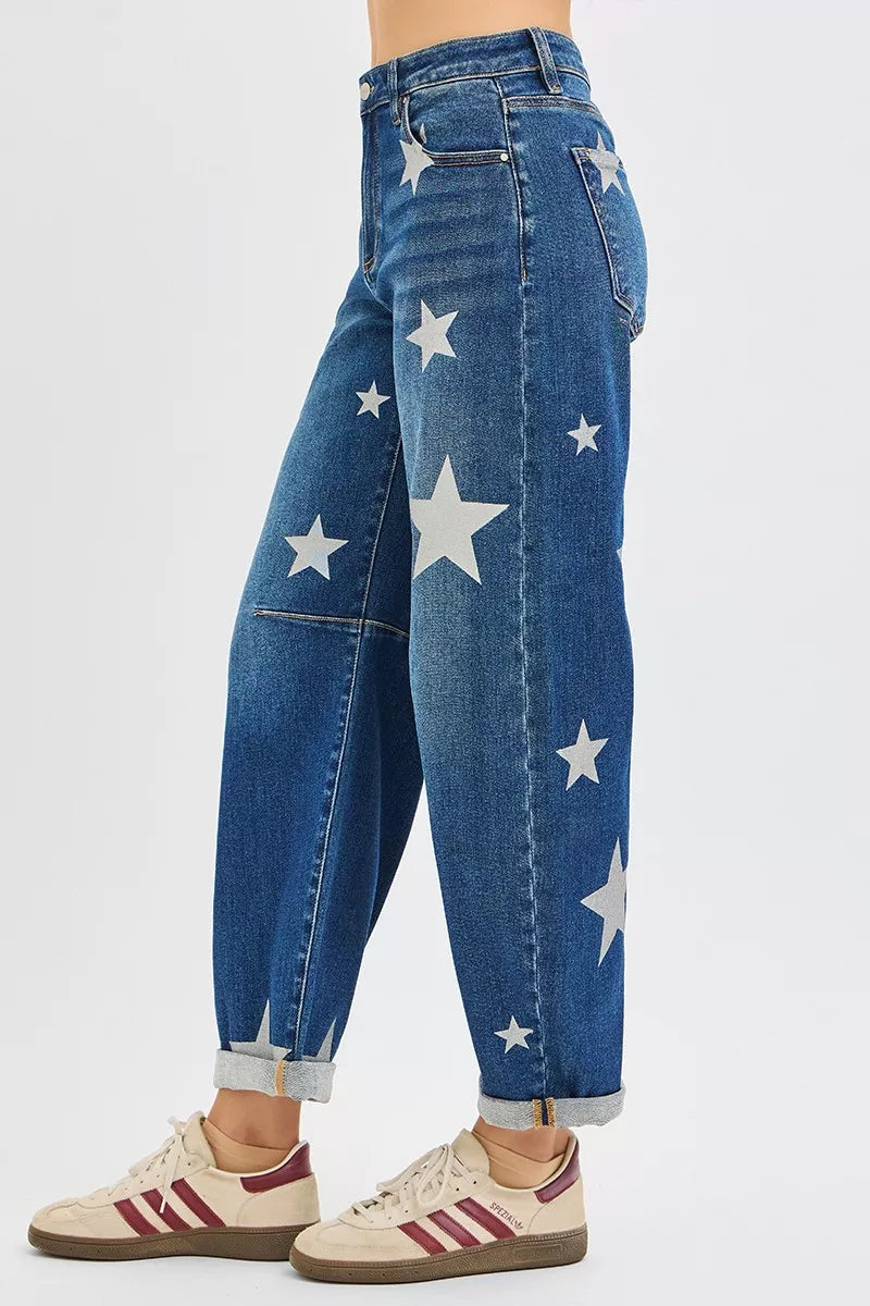 RISEN Mid Rise Ankle Length Relaxed Barrel Star Printed Jeans West2East Surf