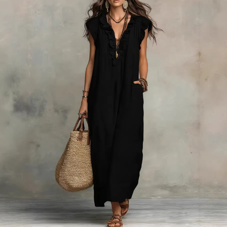 Women's Sleeveless Ruffle Pocket Maxi Dress FitiqueFit
