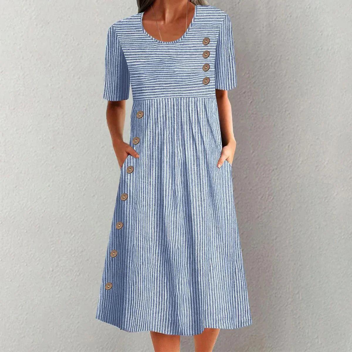 Button-Down Swing Maxi Dress – Short Sleeve Pocket Pullover Long Dress FitiqueFit