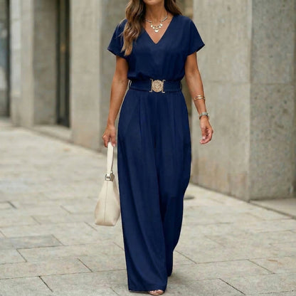 Women's V-Neck Belted Wide-Leg Jumpsuit FitiqueFit
