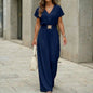 Women's V-Neck Belted Wide-Leg Jumpsuit FitiqueFit