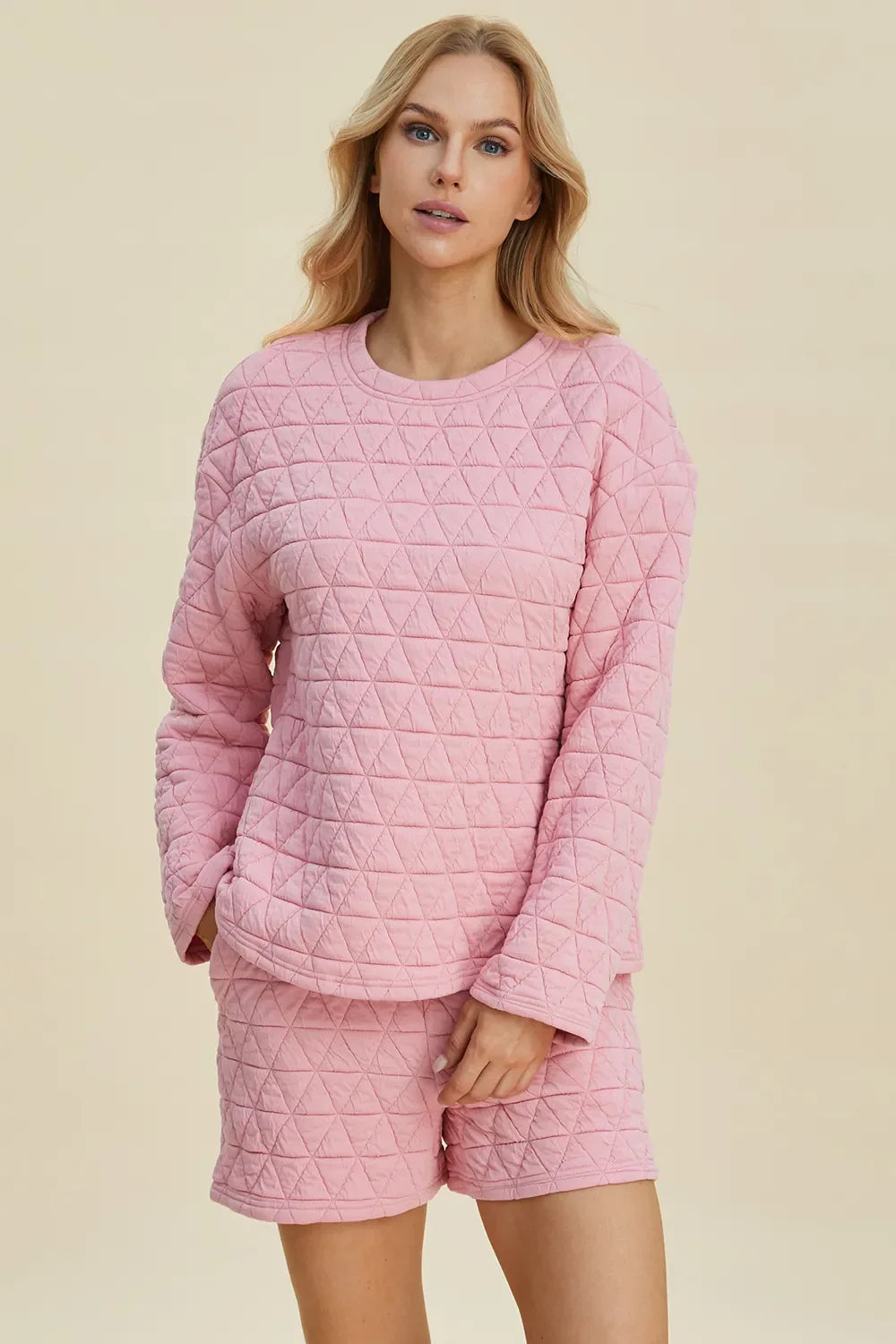 Double Take Full Size Texture Round Neck Long Sleeve Top and Shorts Set West2East Surf