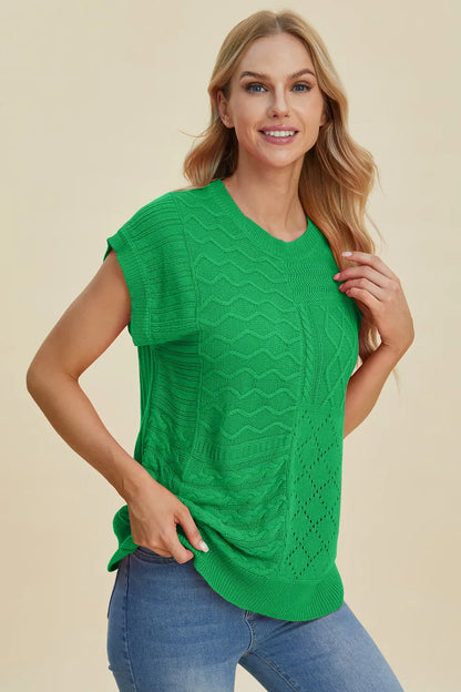 Double Take Full Size Cable-Knit Round Neck Cap Sleeve Sweater New Era Fashion LLc