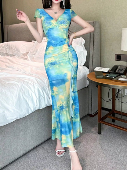 Tie-Dye Surplice Ruffle Slit Dress New Era Fashion LLc