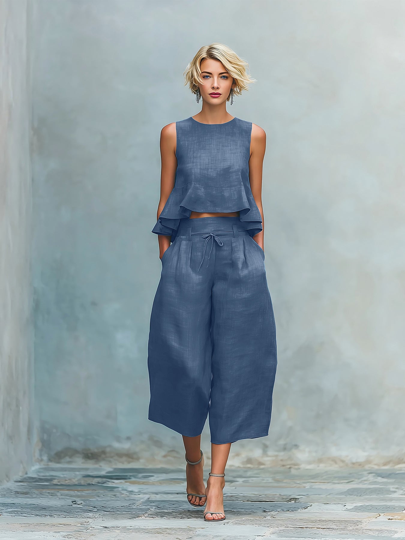 Women’s Linen-Blend Sleeveless Two Piece Set with Ruffled Detailing FitiqueFit