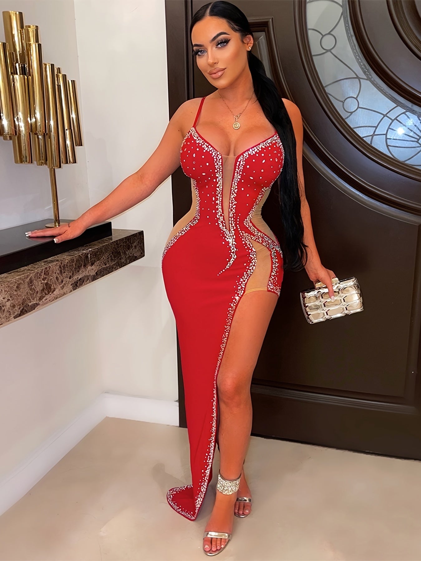 Women'S Sexy Rhinestone Long Dress, Asymmetrical Hem, Slingback, Sleeveless, Strapless Collar, Bodycon Knit Fabric, Polyester 95% Spandex 5% - All-Season Party Wear NovaCart