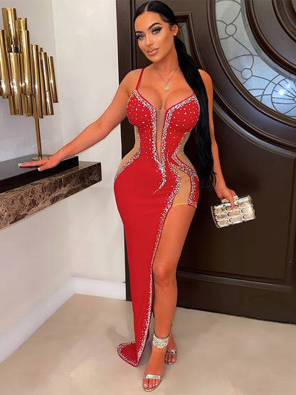 Women'S Sexy Rhinestone Long Dress, Asymmetrical Hem, Slingback, Sleeveless, Strapless Collar, Bodycon Knit Fabric, Polyester 95% Spandex 5% - All-Season Party Wear NovaCart