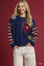 Umgee Flower Jacquard Striped Long Sleeve Sweater FitiqueFit