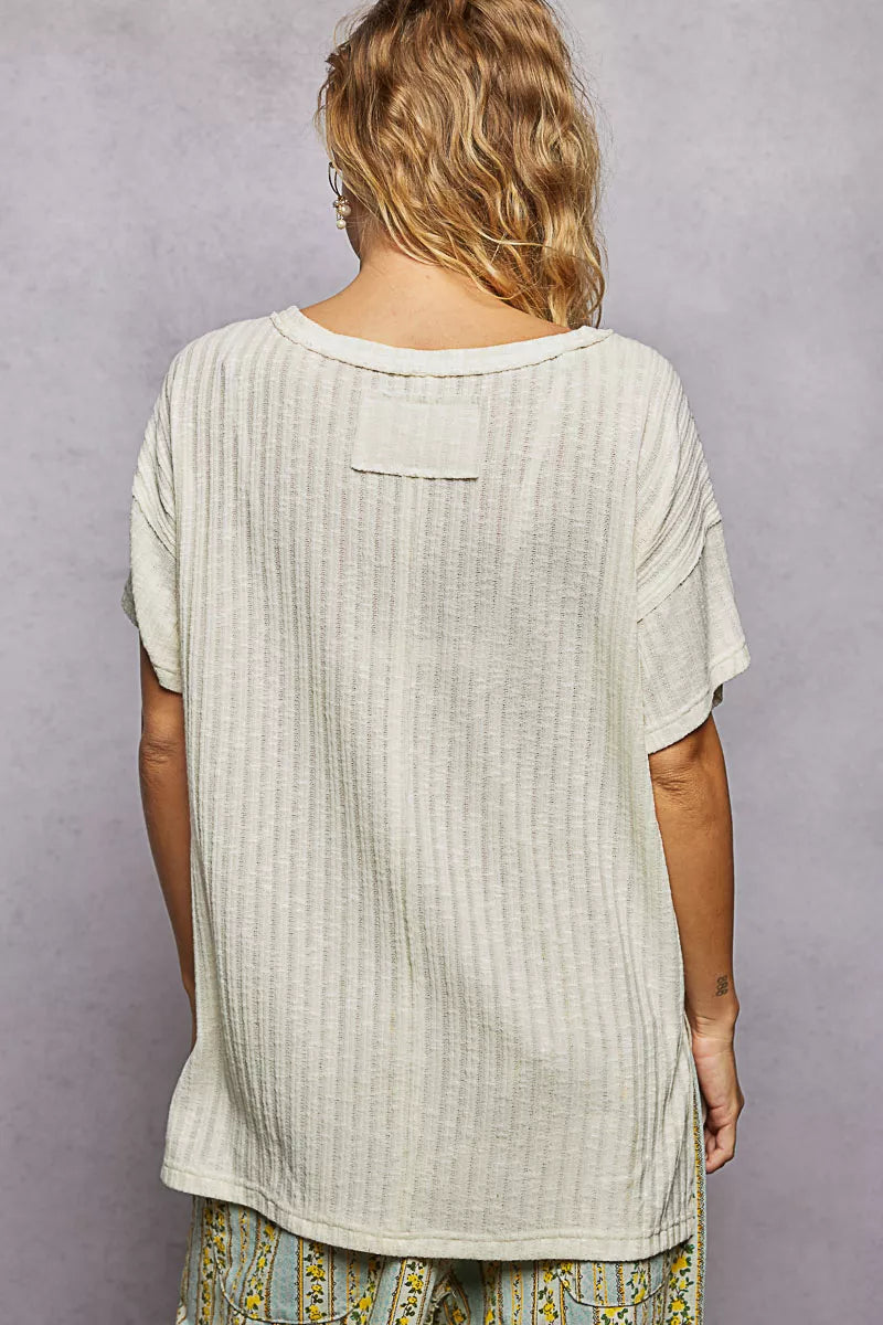 POL Ribbed Knit V-Neck Short Sleeve T-Shirt with Side Slit Montret