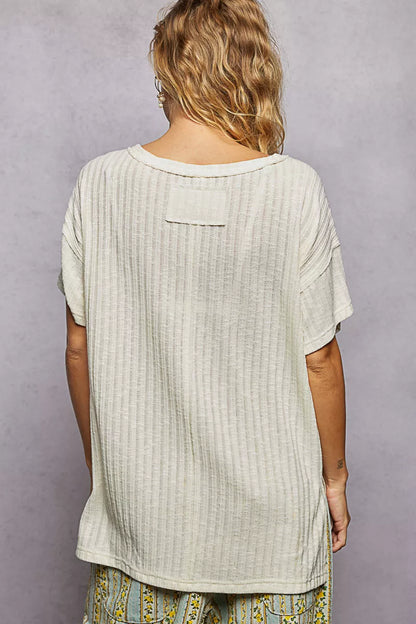 POL Ribbed Knit V-Neck Short Sleeve T-Shirt with Side Slit Montret