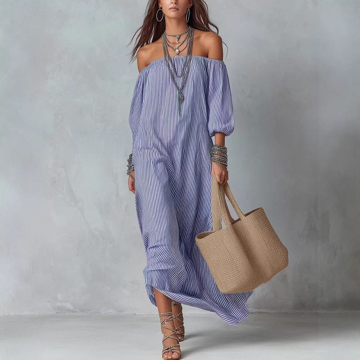 Women's Striped Loose-Fit Flared Maxi Dress – Holiday & Vacation FitiqueFit