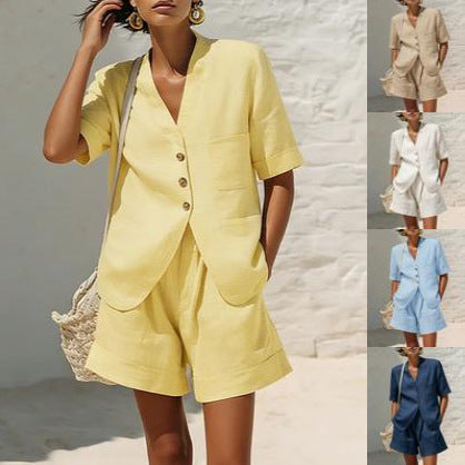 Women's Cotton-Linen Loose-Fit T-Shirt & Cropped Shorts Two-Piece Set FitiqueFit