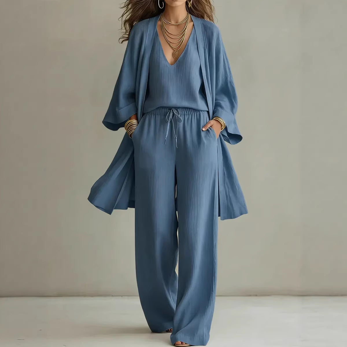 Women's V-Neck Cardigan Coat, Pocket Vest & Long Pants Three-Piece Set FitiqueFit