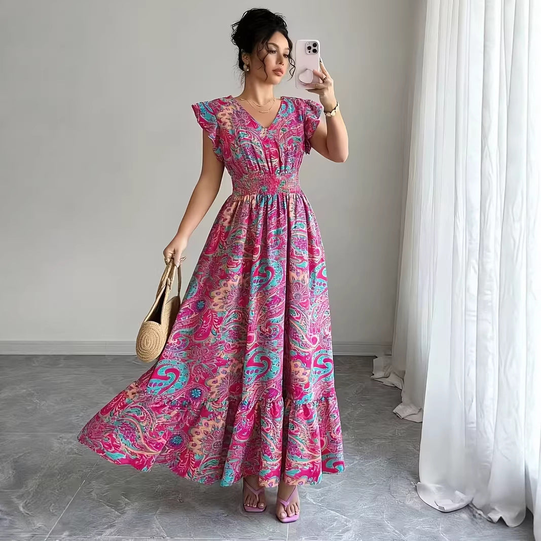 Women's V-Neck Floral Print A-Line Midi Dress – High Waist Sleeveless FitiqueFit
