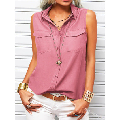 Women's Lapel Collar Sleeveless Top – Loose Fit, Pockets, Solid Color FitiqueFit