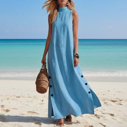 Cotton Linen Sleeveless Midi Dress – Side Slits & Loose Fit FitiqueFit