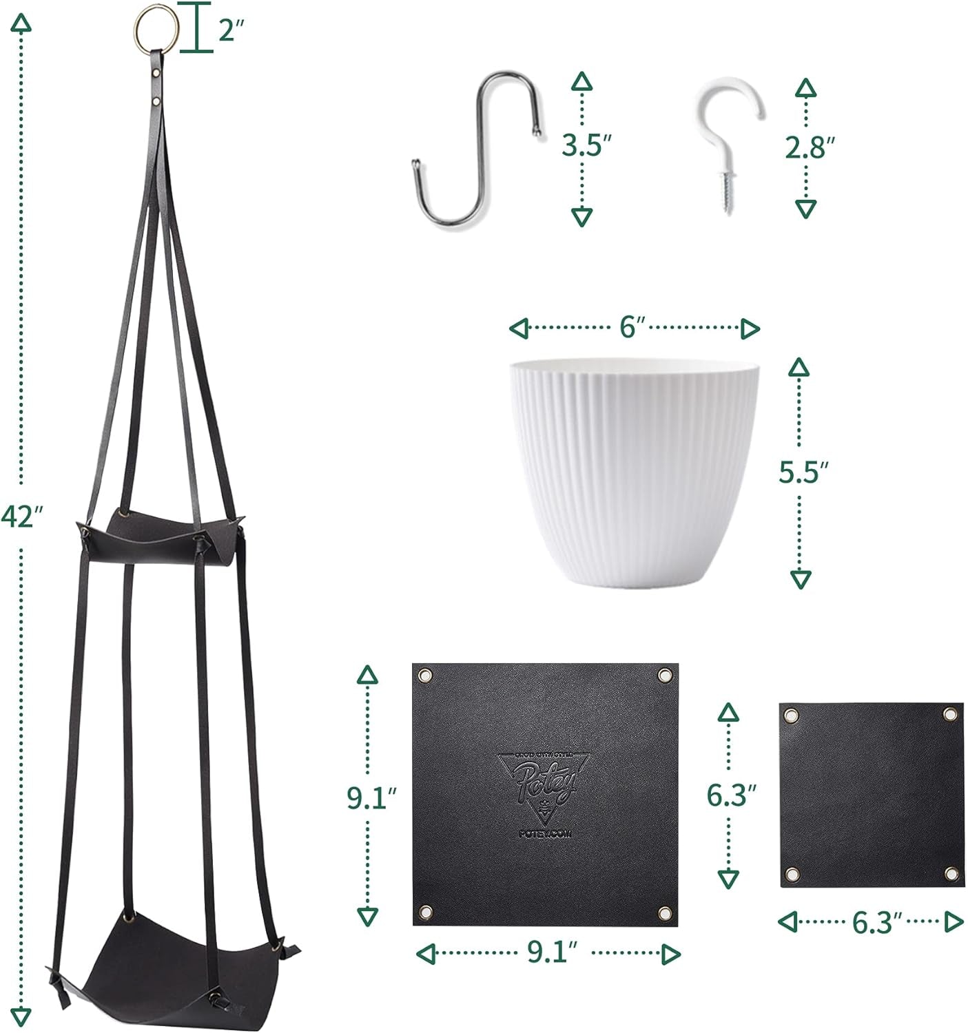 Leather Plant Hanger with Pot Included - Hanging Planters Basket with Plastic Planter 6'' (1 Adjustable Plant Hangers and 2 Pots) Hanging Plant Holder for Home Decor 42'',Black