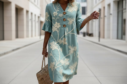 Women's Resort V-Neck Coconut Print Loose Three-Quarter Sleeve Dress FitiqueFit