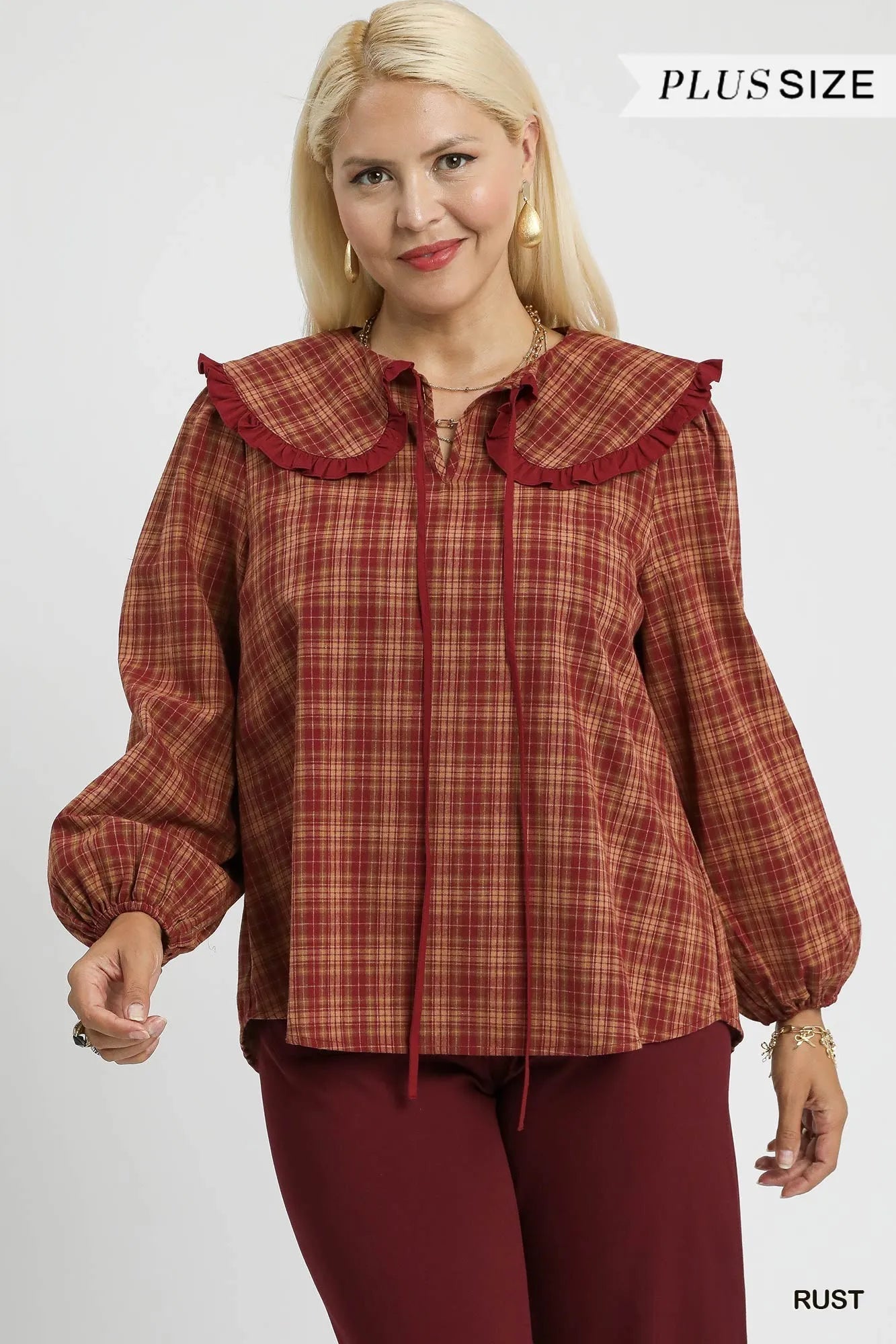Umgee Full Size Plaid Ruffle Collar Blouse Plus Size Garden Naked Curves