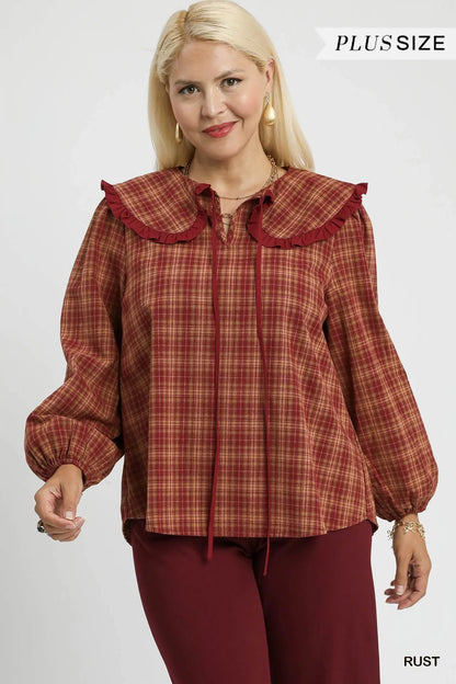 Umgee Full Size Plaid Ruffle Collar Blouse Plus Size Garden Naked Curves