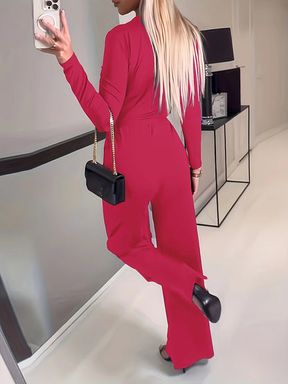 Women's Solid V-neck Bow Tie Waist Slimming Fashion Jumpsuit FitiqueFit