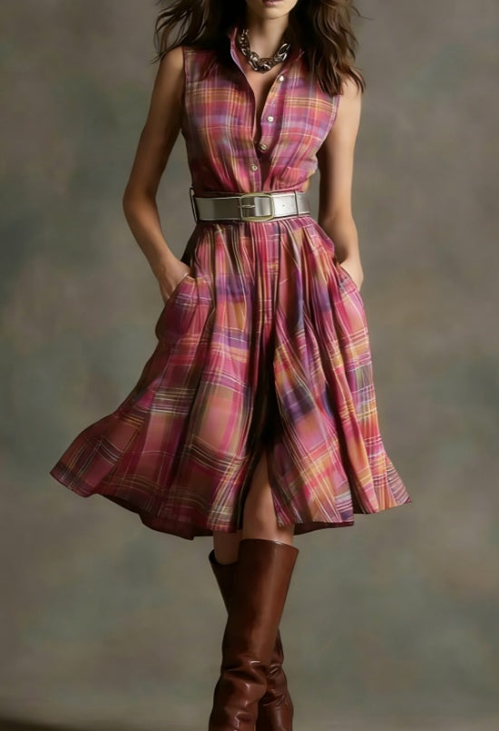 Women's Plaid Collared Sleeveless Fitted Waist Dress FitiqueFit