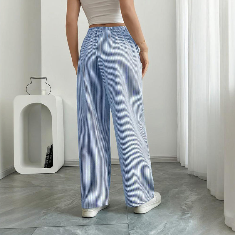 Women's Striped Print Straight Wide Leg Pockets Pants Casual Long Pants FitiqueFit
