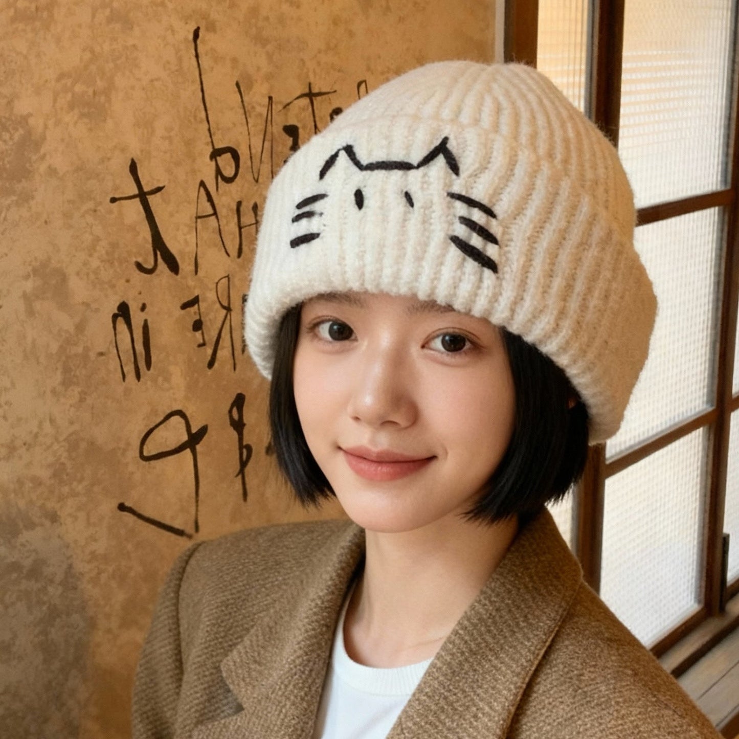 Women’s Cute Cat Line Design Knitted Hat – Warm Fall & Winter Beanie FitiqueFit