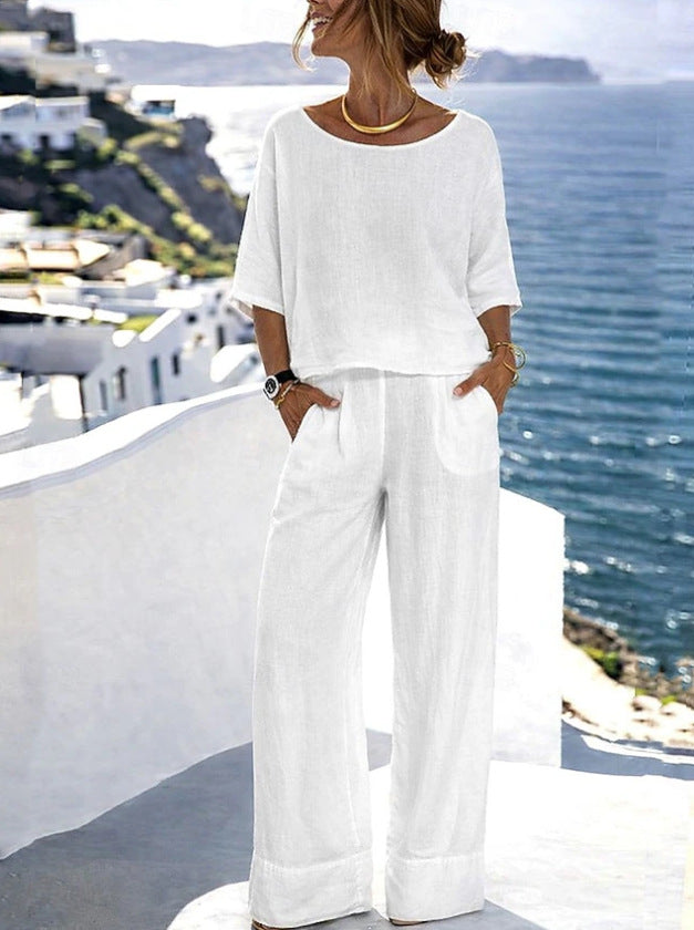Women's Cotton Linen Resort Set – Short Sleeve Top & Wide-Leg Pants FitiqueFit