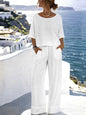 Women's Cotton Linen Resort Set – Short Sleeve Top & Wide-Leg Pants FitiqueFit