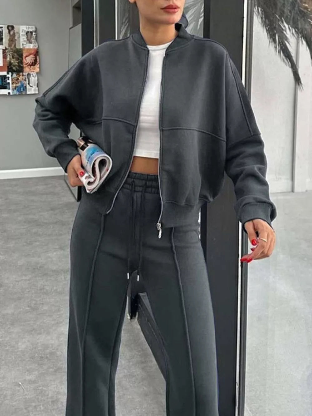 Baseball Collar Zip Up Outerwear and Drawstring Pants Set New Era Fashion LLc