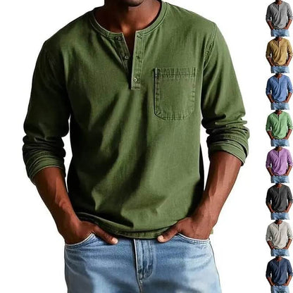 Men's V-neck Long-sleeved Pullover Top with Button Design SnagBag