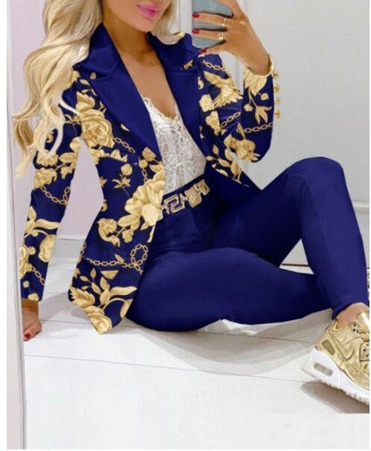 Women's Printed Coat & Trousers Two-Piece Set – 19 Prints, Casual Fashion Suit FitiqueFit