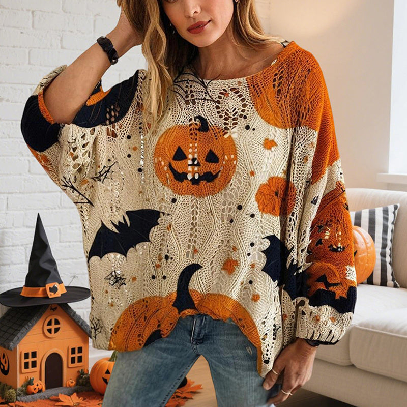 Women’s Hollow Out Batwing Top – Halloween Pumpkin Print Blouse FitiqueFit
