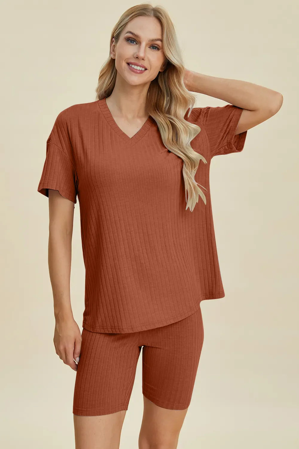 Basic Bae Full Size Ribbed V-Neck Short Sleeve Top and Shorts Set New Era Fashion LLc