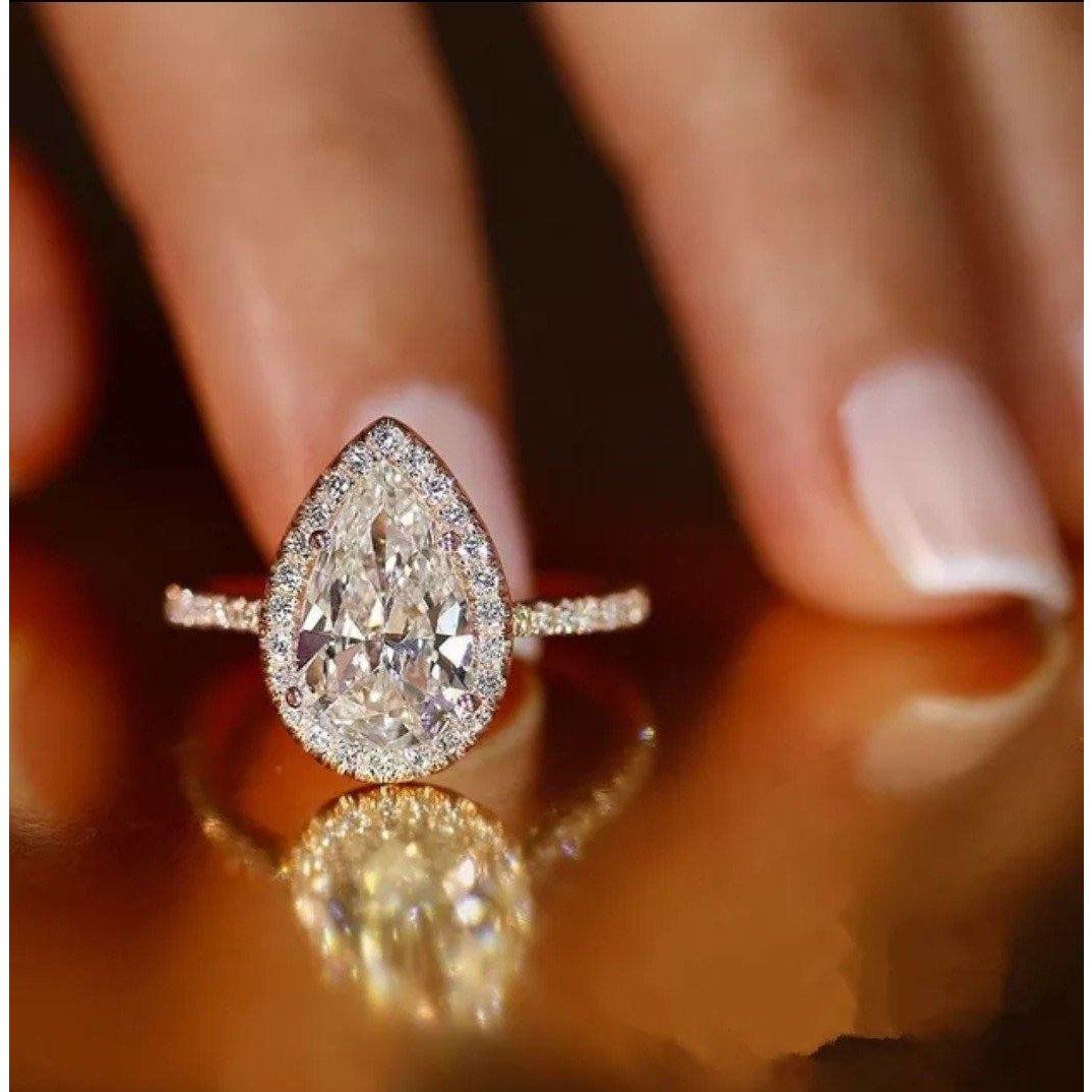 4CT Pear Diamond Veneer Cubic Zirconia halo 14K Gold Ring. 635R71421K
