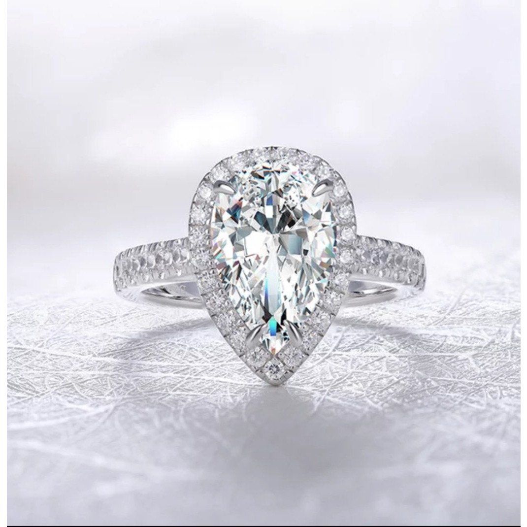 4CT Pear Diamond Veneer Cubic Zirconia halo 14K Gold Ring. 635R71421K