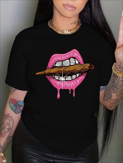Women’s Lips Print Crew-Neck Tee FitiqueFit